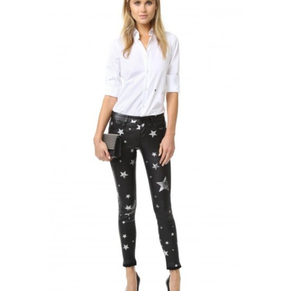 RtA Prince Lambskin Leather Pants Star Print Skinny Stretch Lthr Black Sz 24